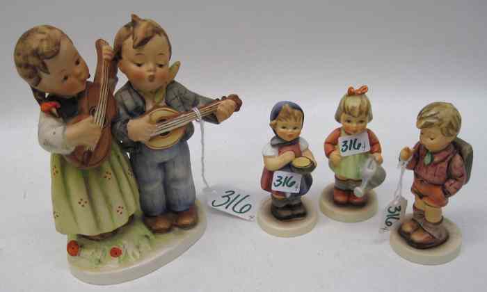 Appraisal: FOUR GERMAN HUMMEL PORCELAIN FIGURINES ''Happy Days'' TM- TM- -