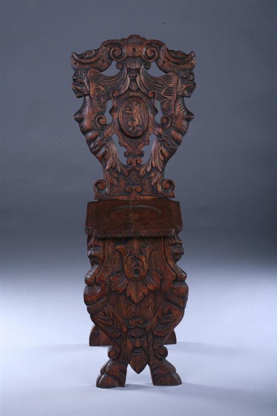 Appraisal: ITALIAN SGABELLO CARVED WALNUT HALL CHAIR th century as is