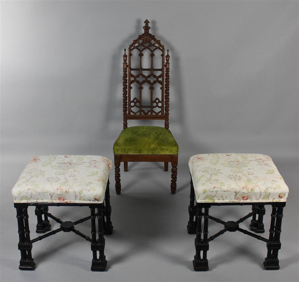 Appraisal: PAIR OF GEORGIAN STYLE EBONIZED OTTOMANS TOGETHER WITH A CARVED