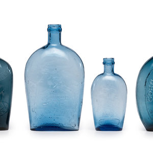 Appraisal: Four Molded Glass Aqua Flasks American th Century one half-pint