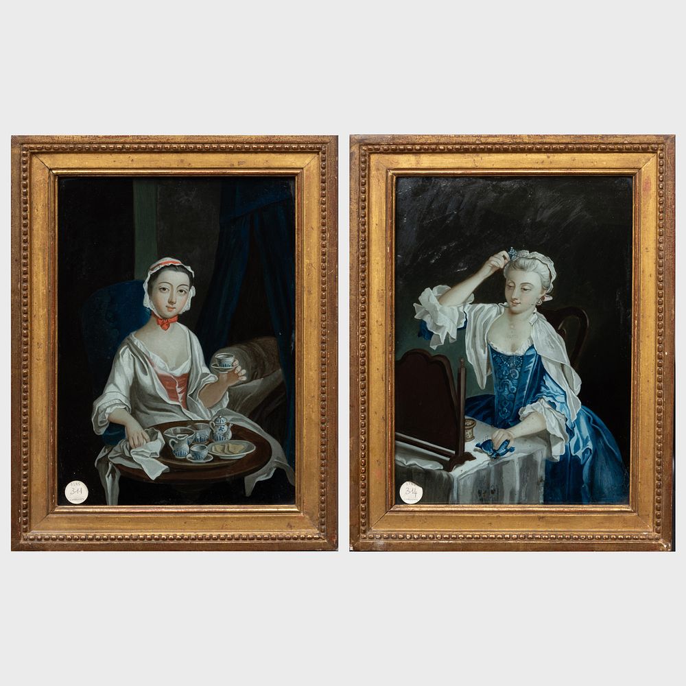 Appraisal: Pair of French Reverse Paintings on Glass of Maidens x