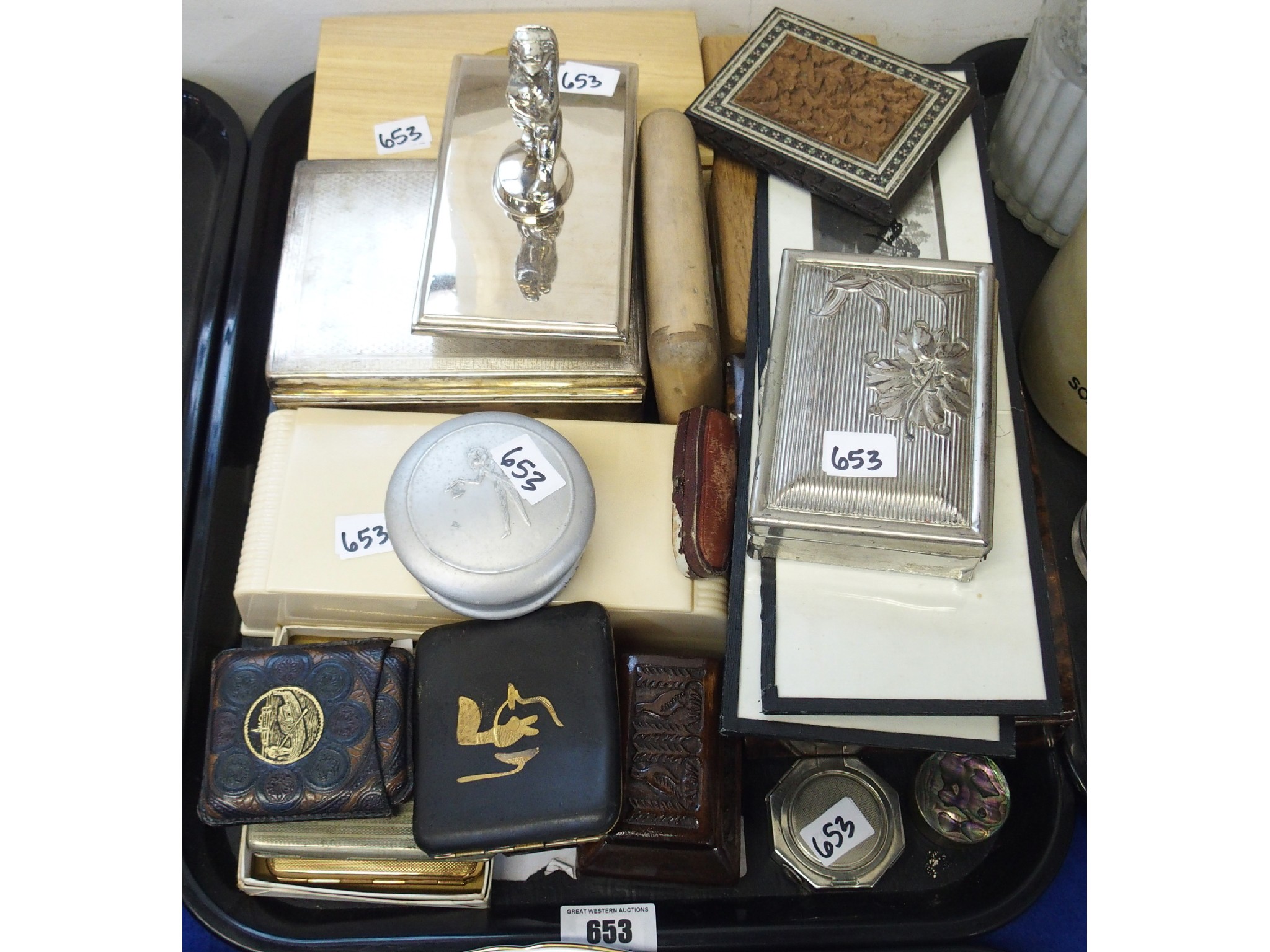 Appraisal: Tray comprising various table boxes card holders rocking blotter etc