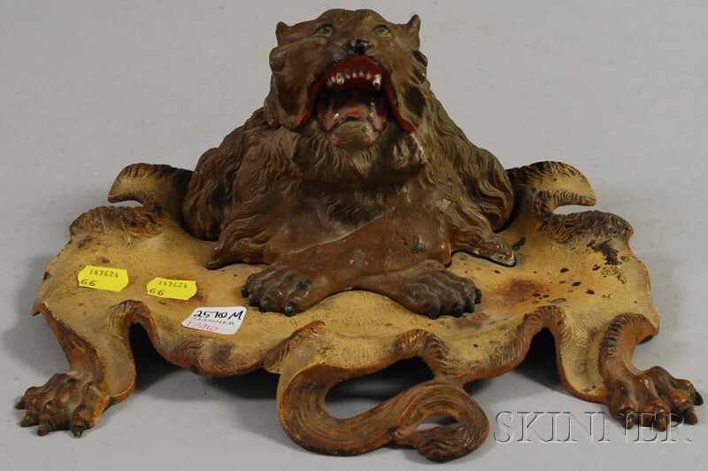 Appraisal: Cold Painted Cast Iron Lion Inkwell lg in