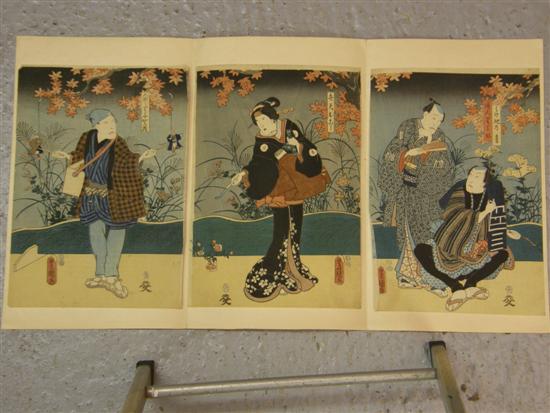 Appraisal: Japanese triptych woodblock print depicting a puppeteer and three other