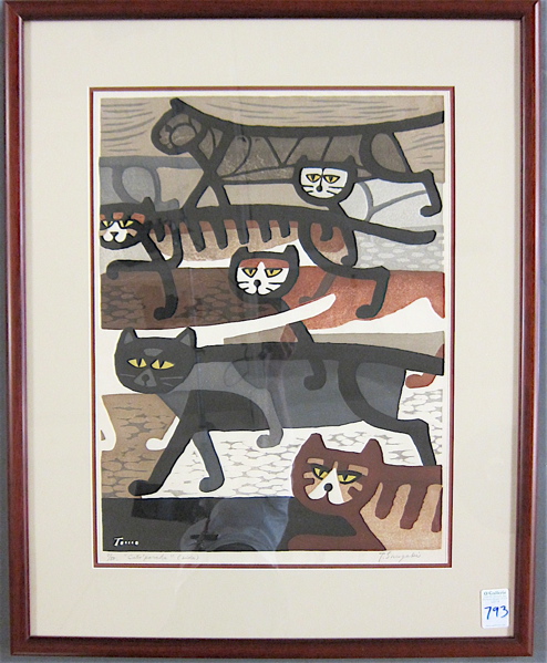 Appraisal: TOMOO INAGAKI COLOR WOODCUT Japan - Titled Cats' Parade Image