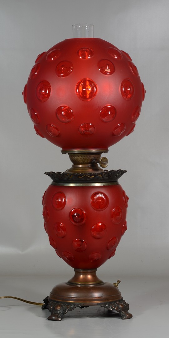 Appraisal: Frosted Red Gone with the Wind lamp shade and base