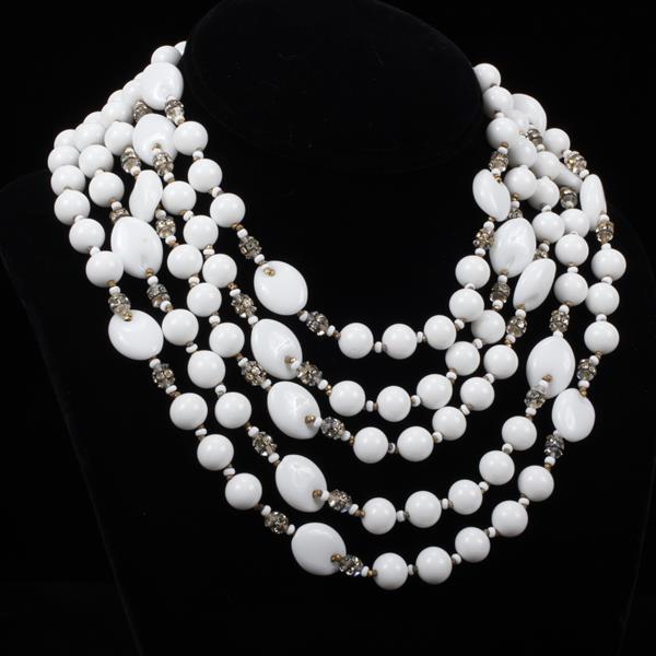 Appraisal: Miriam Haskell multi-strand white beaded bib necklace with clear rhinestones