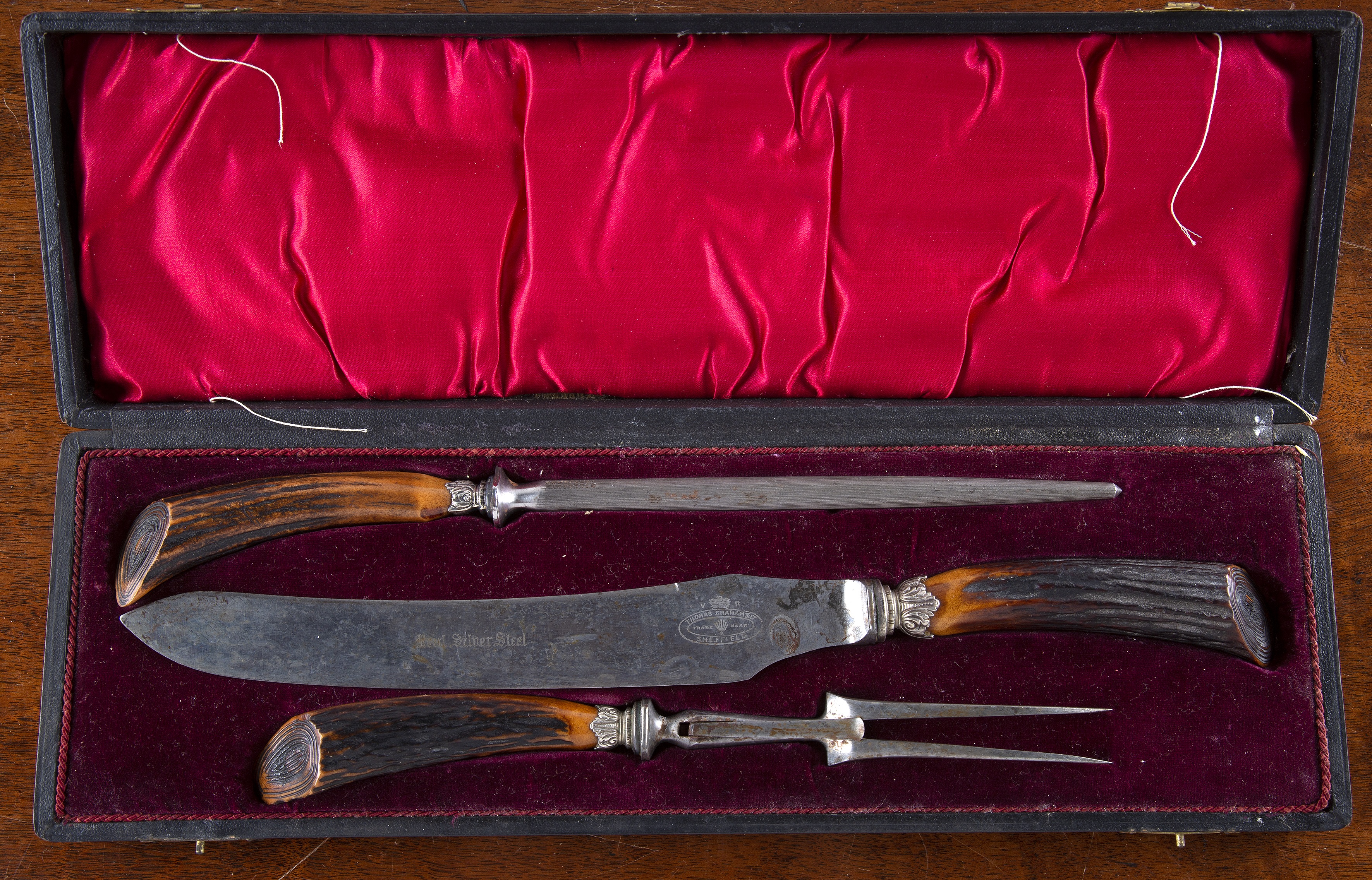 Appraisal: Stag antler carving set th Century comprising of three pieces