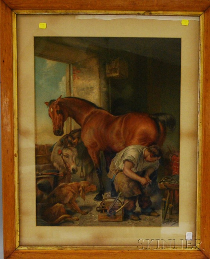 Appraisal: Oak-framed Pears Chromolithograph of a Blacksmith at Work sight size