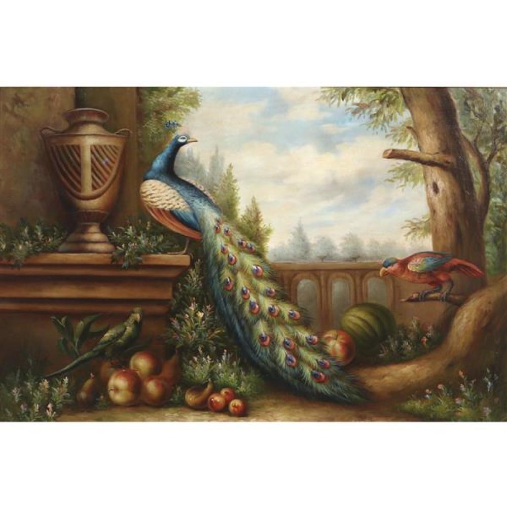 Appraisal: PEACOCK AND PARROTS IN GARDEN SETTING WITH FRUIT AND URN