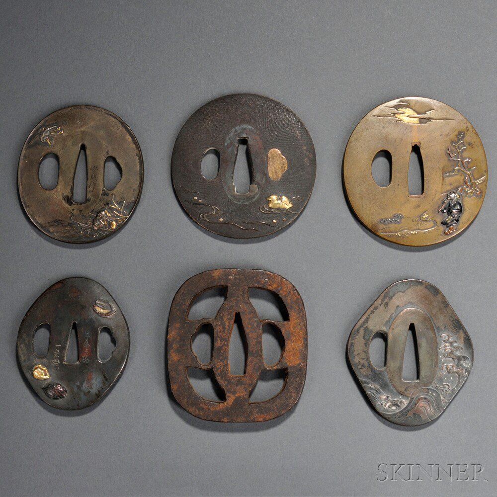 Appraisal: Six Mixed Metal Tsuba Japan th century one depicting a