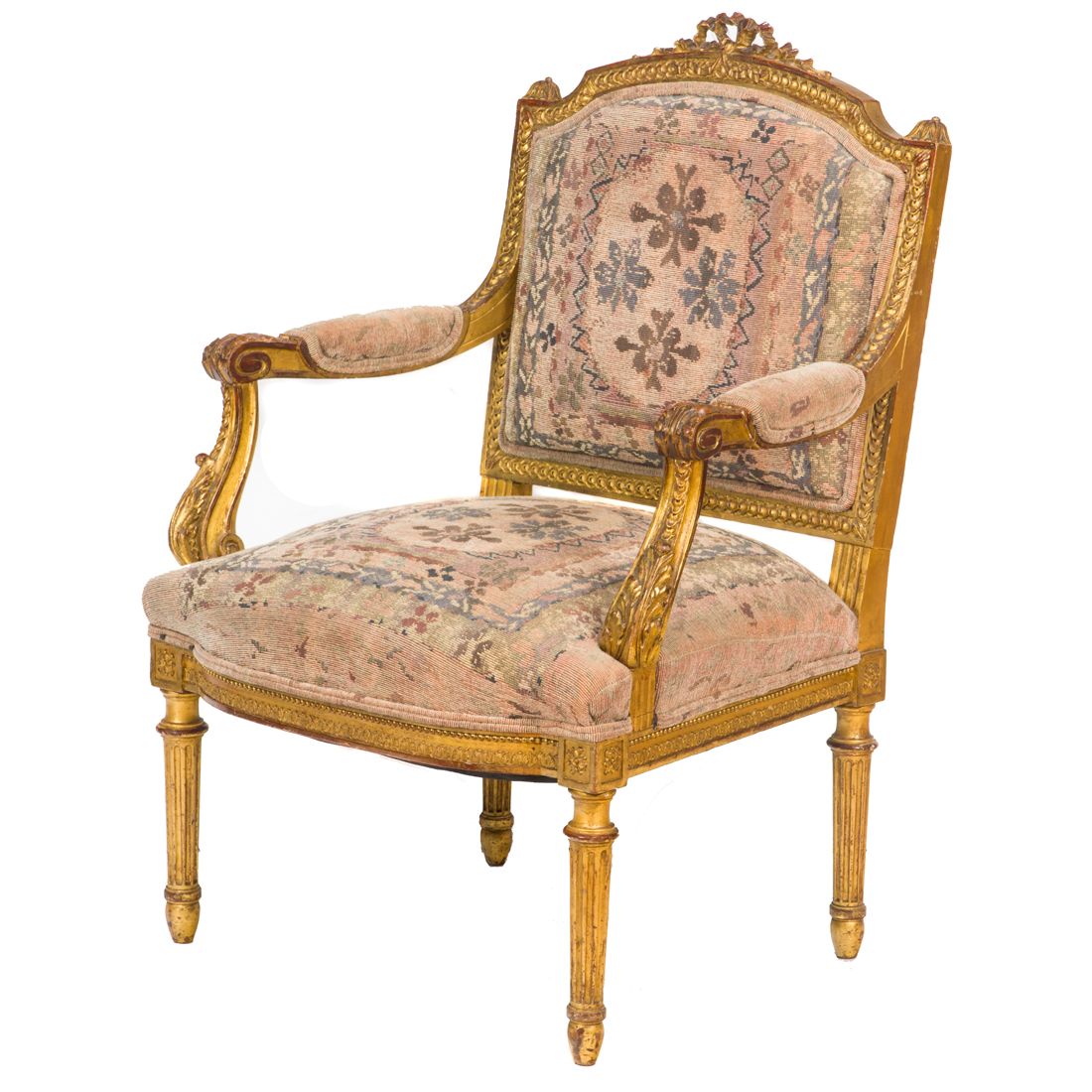 Appraisal: A FRENCH LOUIS XVI STYLE GILTWOOD CARVED FAUTEUIL A LA