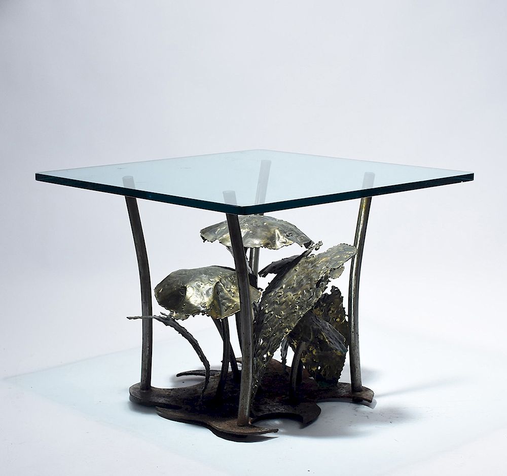 Appraisal: Modern welded iron mushroom motif coffee table Modern welded iron