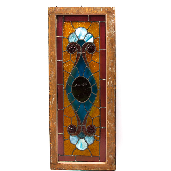 Appraisal: Antique leaded stained glass pub window in frame with molded