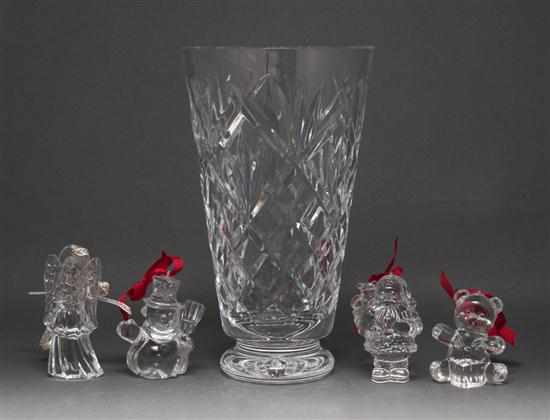 Appraisal: Waterford crystal vase and four Waterford Christmas ornaments vase -