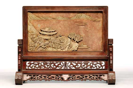 Appraisal: CARVED INKSTONE TABLESCREEN Well carved Chinese inkstone tablescreen with landscape