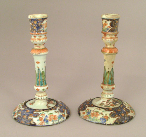 Appraisal: Pair of Chinese export tobacco leaf candlesticks ca h Provenance