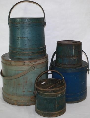 Appraisal: LOT OF FOUR TH CENTURY PAINTED FIRKINS AND ONEHANDLED CONTAINER