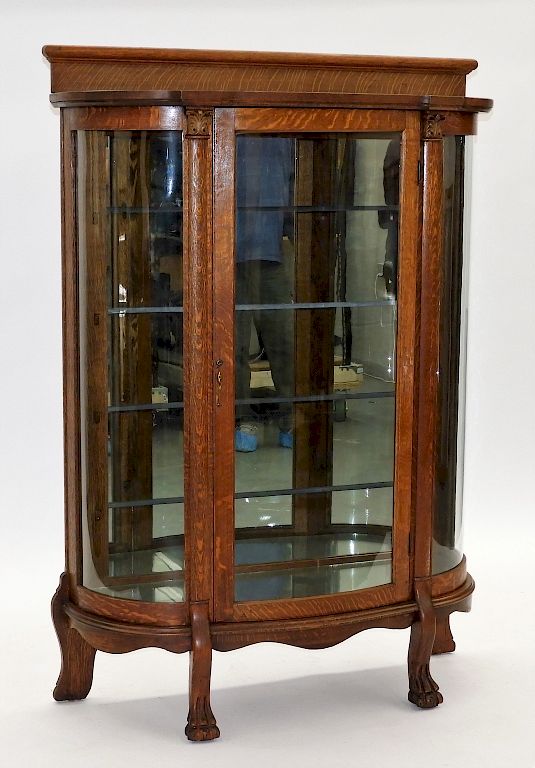 Appraisal: C American Oak Curved Glass China Cabinet United States Circa