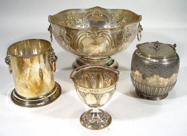 Appraisal: Silver plated punch bowl with lion mask handles and flower