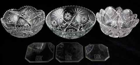 Appraisal: THREE CUT GLASS BOWLS THREE COASTERS one with slightly flared