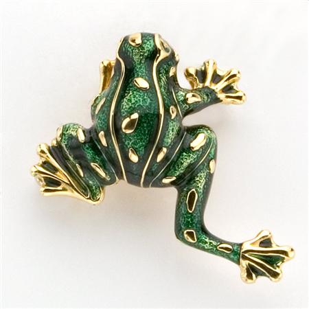 Appraisal: Gold and Green Enamel Frog Clip-Brooch Estimate -