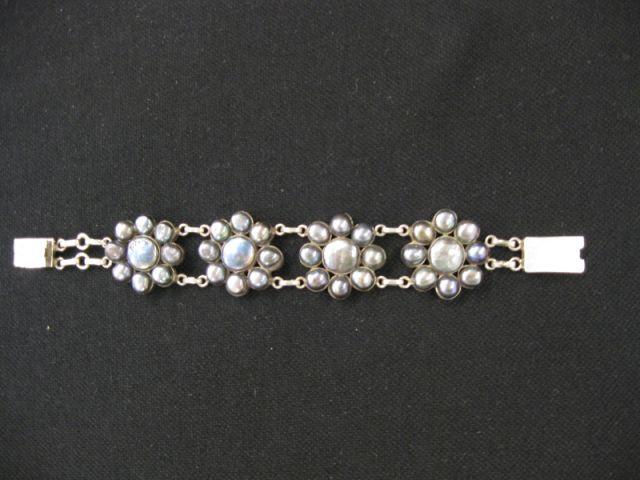 Appraisal: Sterling Silver Black Pearl Bracelet four floral medallions long wide