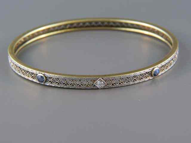 Appraisal: Diamond Sapphire Bangle Bracelet white yellow gold filagree circa grams