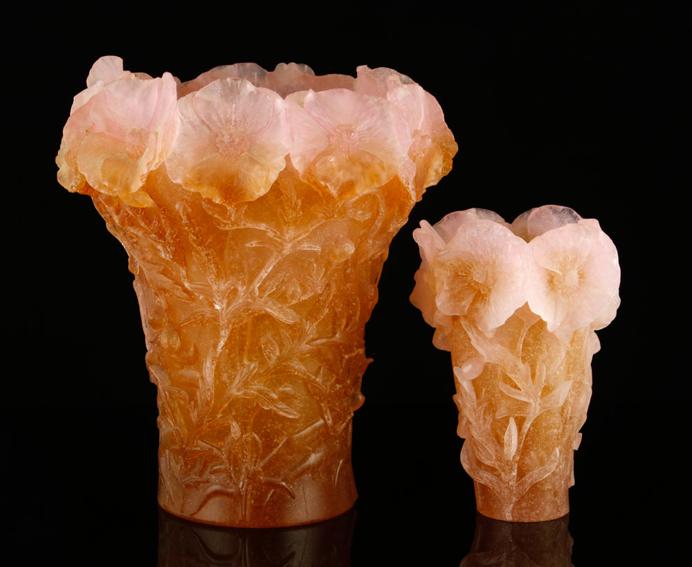 Appraisal: - Daum Pate de Verre Hibiscus Vases Daum pate de