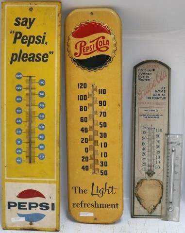 Appraisal: PEPSI-COLA LITHOGRAPH TIN ADVERTISINGTHERMOMETERS ONE DEPICTS AN EMBOSSED BOTTLE CAP