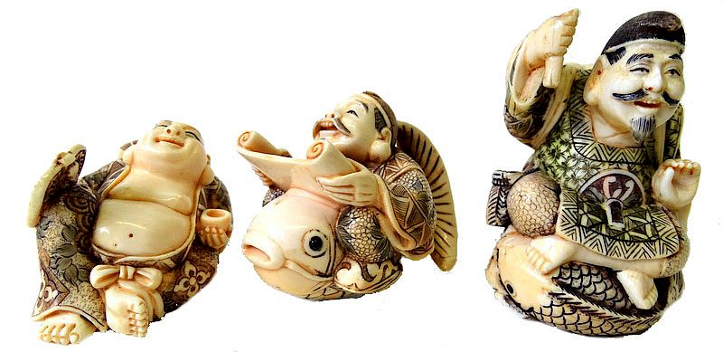 Appraisal: Three Chinese Carved Netsuke Figures Three Chinese Carved Ivory Netsuke