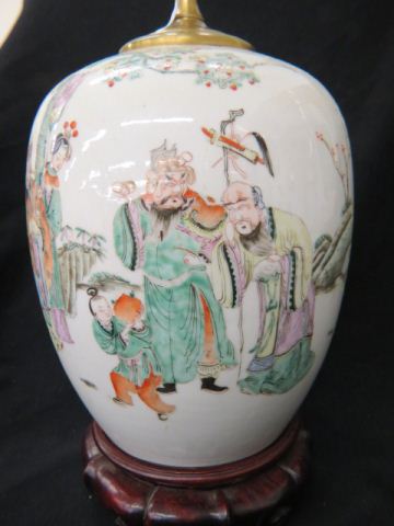 Appraisal: Chinese Porcelain Lamp scene of emperor attendants temple jar shape