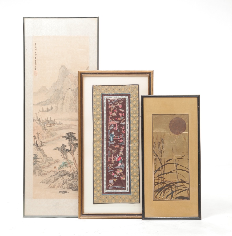 Appraisal: THREE CHINESE FRAMED ARTWORKS Twentieth century Ink on gold foil