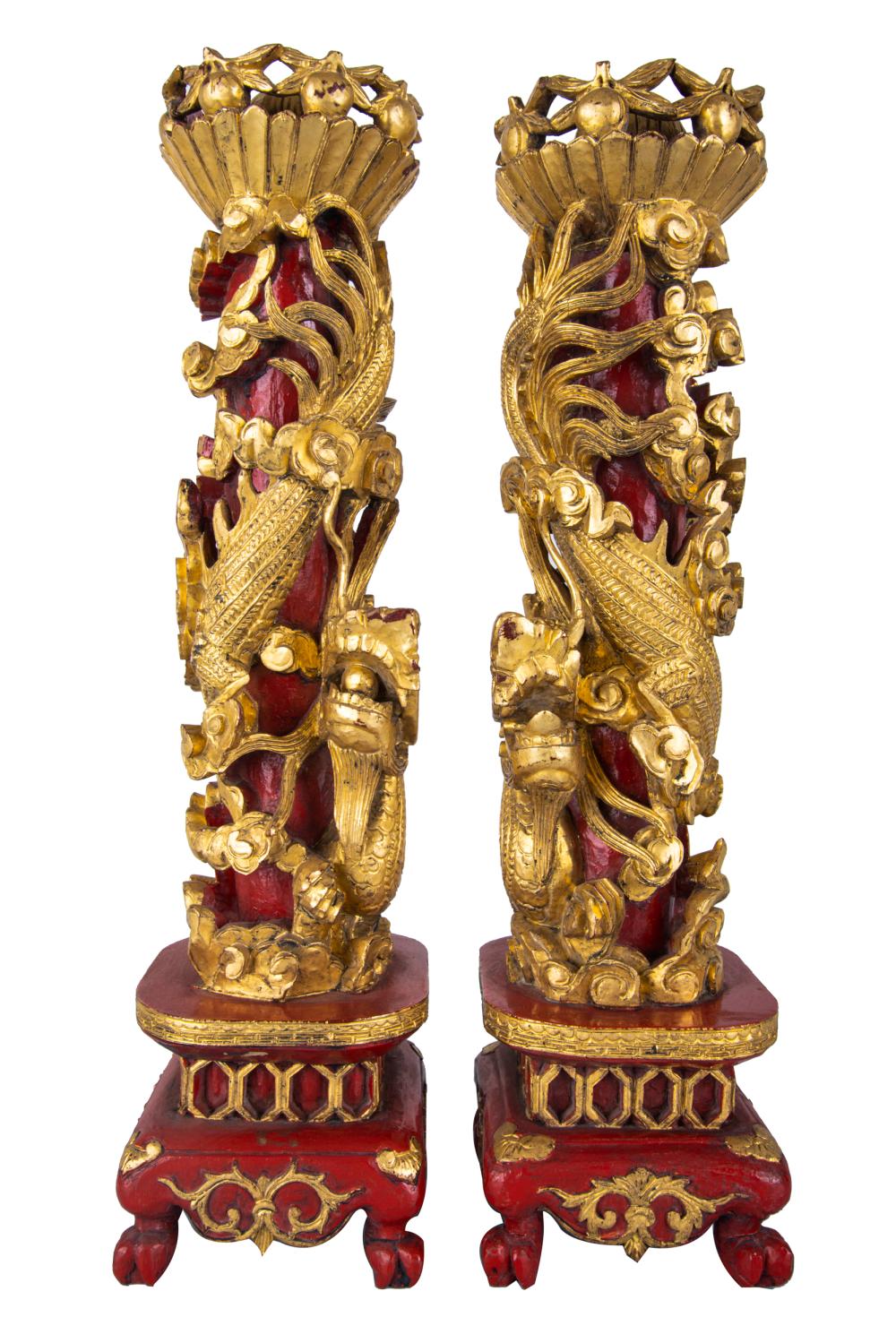 Appraisal: PAIR CHINESE GILT RED-PAINTED WOOD CANDLESTICKSCondition one candlestick with a