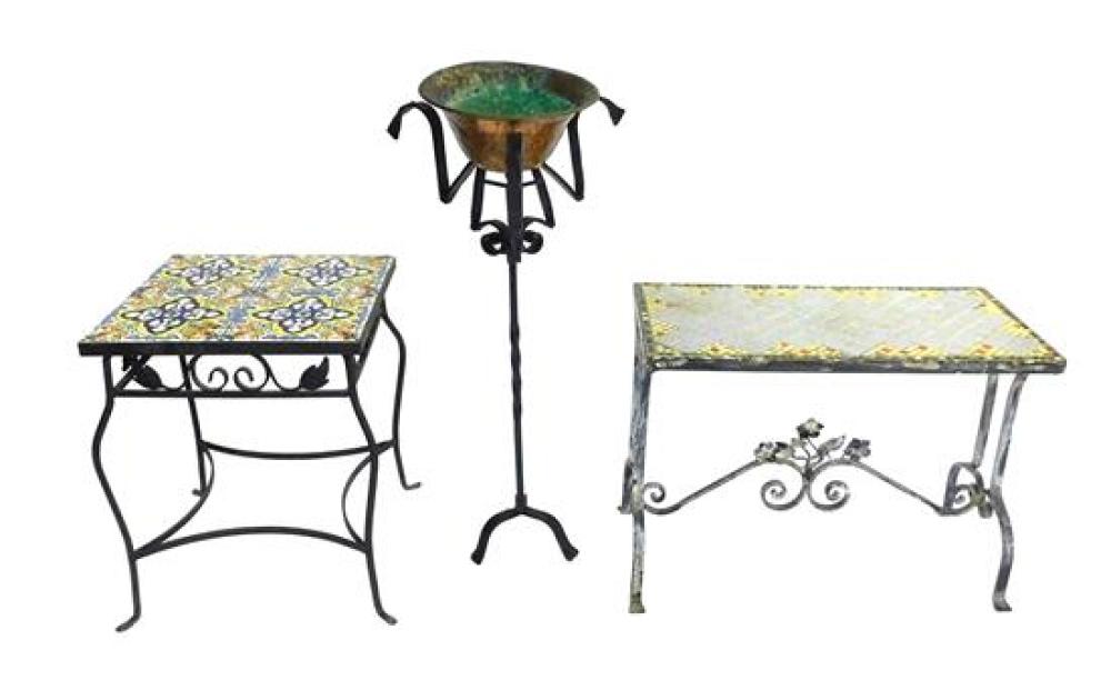 Appraisal: Metalware three pieces including two tile top iron base tables