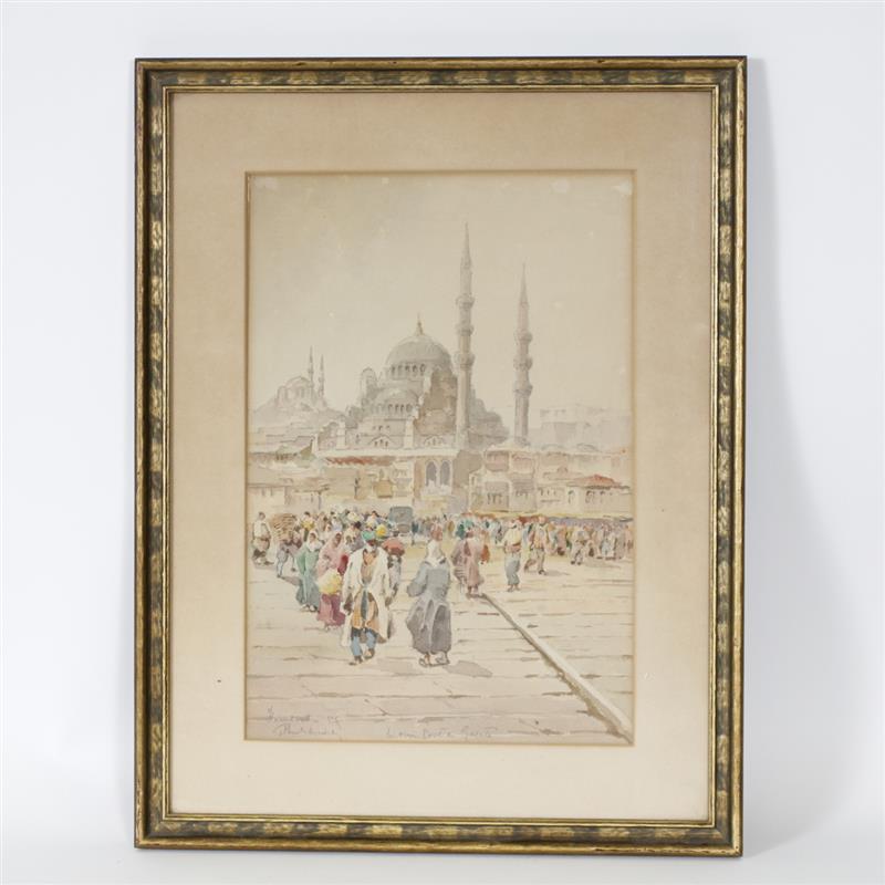 Appraisal: th Century Orientalist Watercolor of town square with Islamic architecture