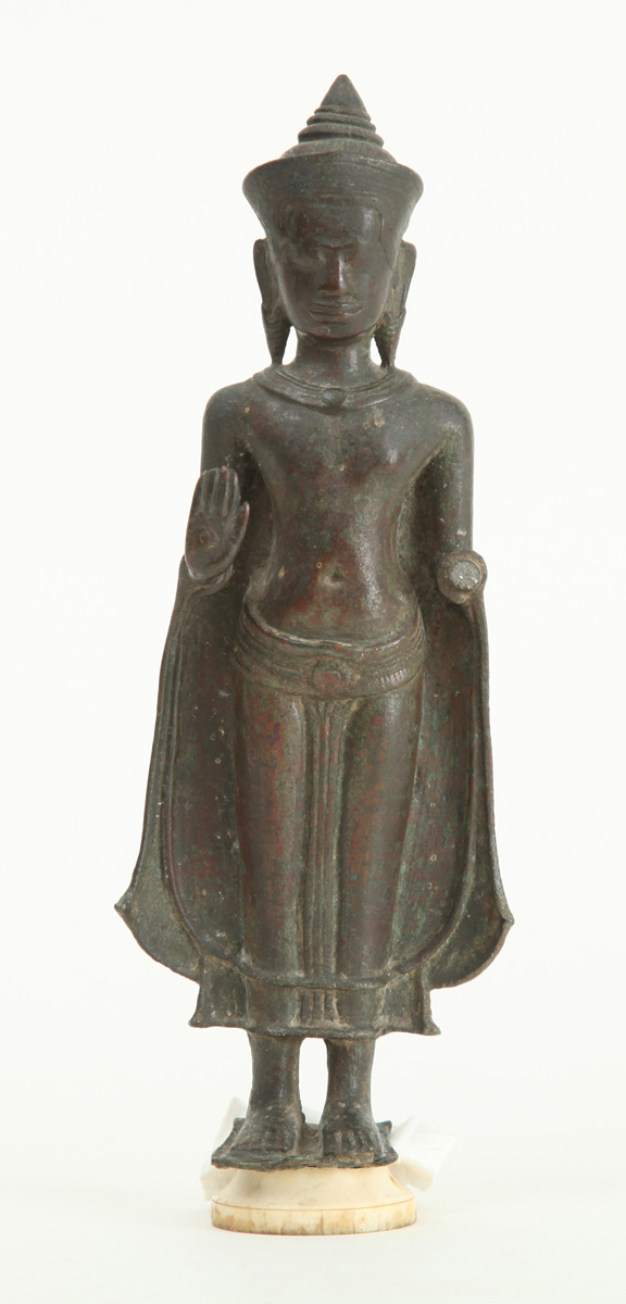 Appraisal: KHMER STYLE BRONZE STANDING FIGURE OF BUDDHA Wearing a cloak