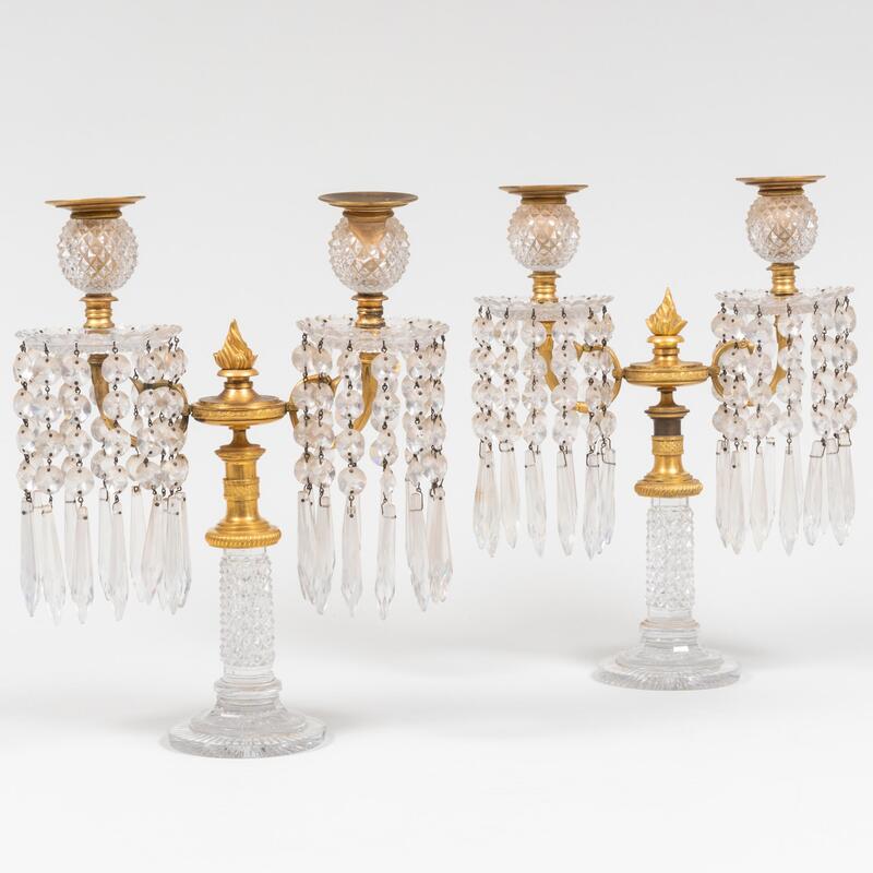 Appraisal: Pair of Regency Gilt-Metal-Mounted Cut Glass Two-Light Candelabra x x