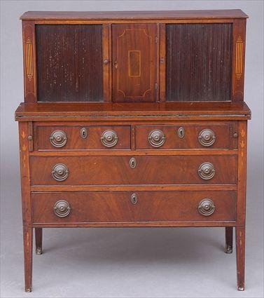 Appraisal: MASSACHUSETTS FEDERAL INLAID MAHOGANY TAMBOUR TOP DESK The superstructure with