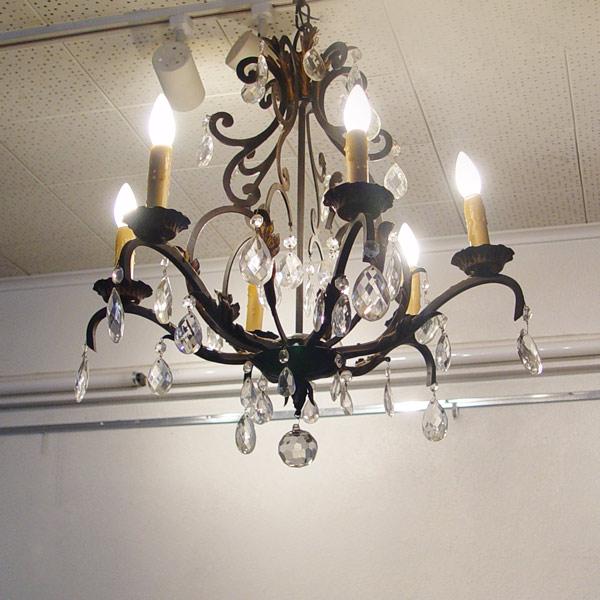 Appraisal: FRENCH BLACK IRON LIGHT CHANDELIER With crystal prisms approx ''