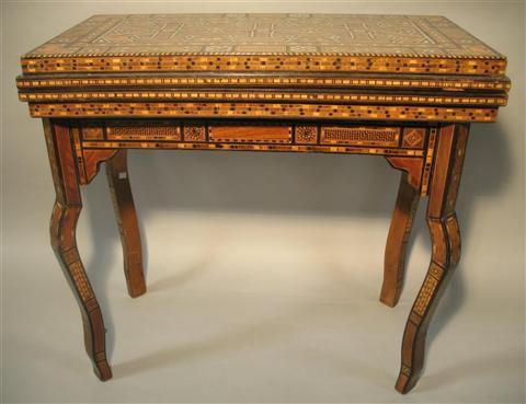 Appraisal: LEVANTINE MARQUETRY INLAID GAME TABLE Late th century rectangular marquetry