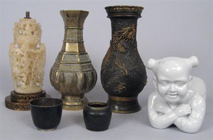 Appraisal: Chinese soapstone vase two brass vases two copper and pewter