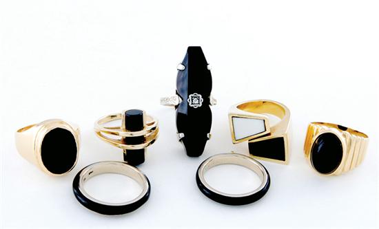 Appraisal: Gold and onyx rings six are K yellow gold set