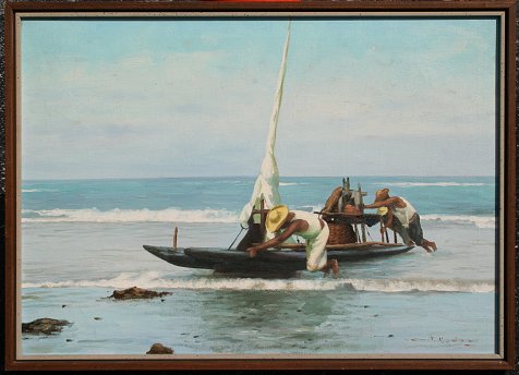 Appraisal: OIL ON CANVAS OF FISHERMEN BEACHING A BOAT '' x