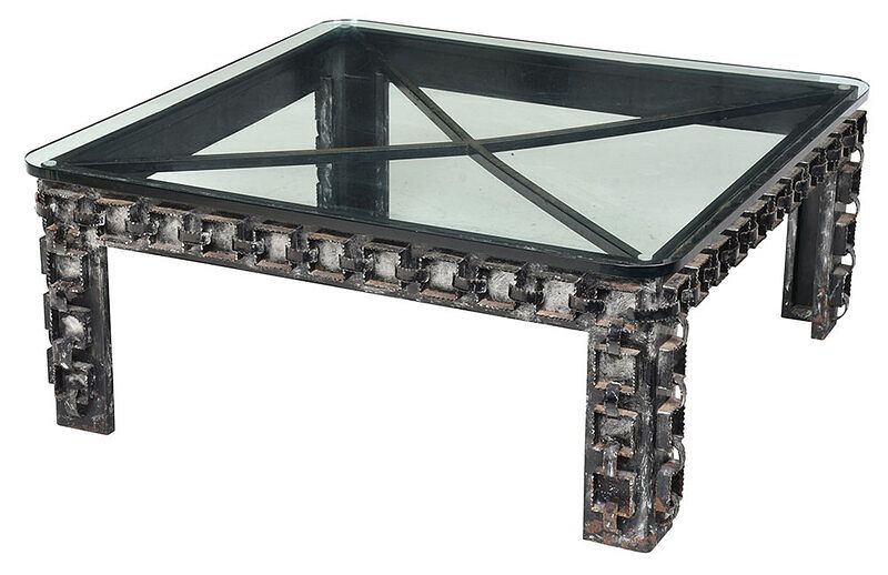 Appraisal: Modern Brutalist Iron and Glass Top Coffee Table th century