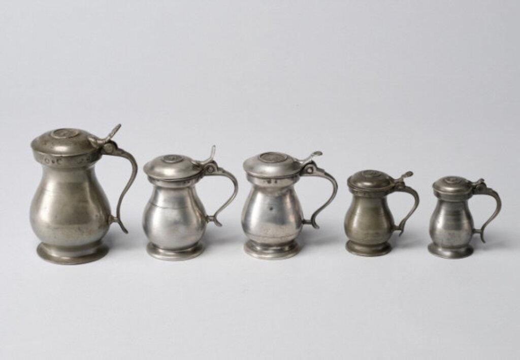 Appraisal: Five - th century covered baluster form pewter measures sizes