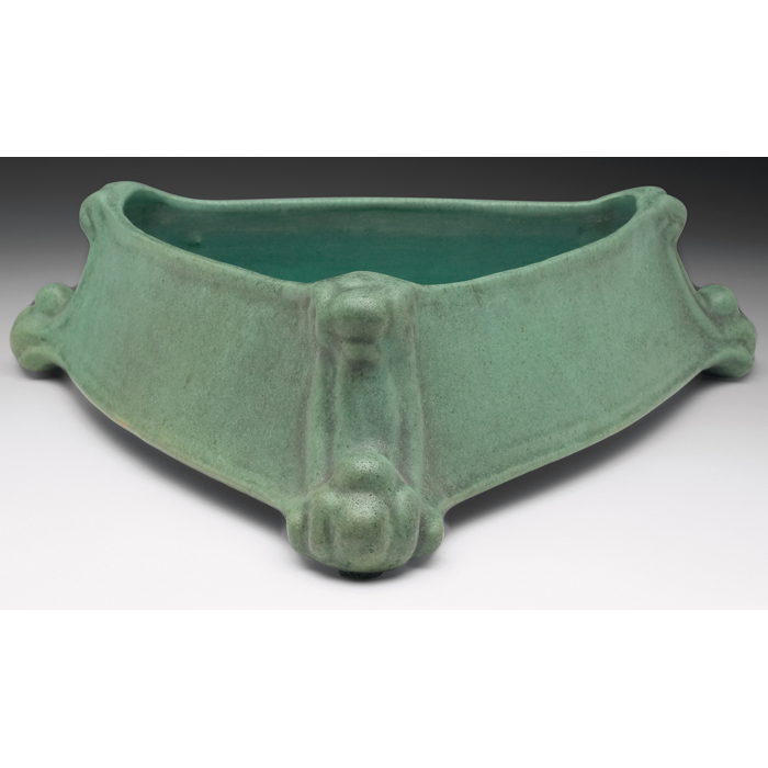 Appraisal: Teco bowl triangular shape withclaw-feet under a good green matteglaze