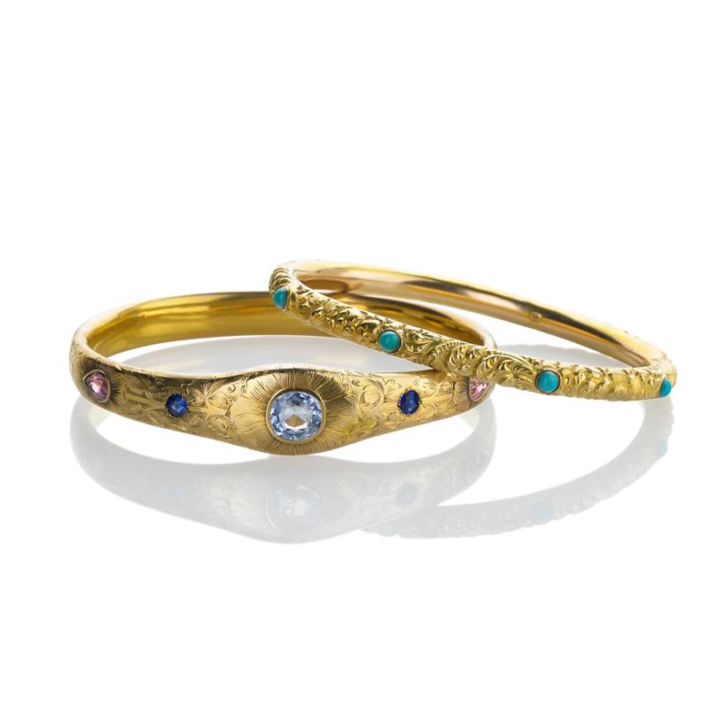 Appraisal: TWO BELLE EPOQUE AMERICAN GOLD BANGLE BRACELETS Condition Report Central