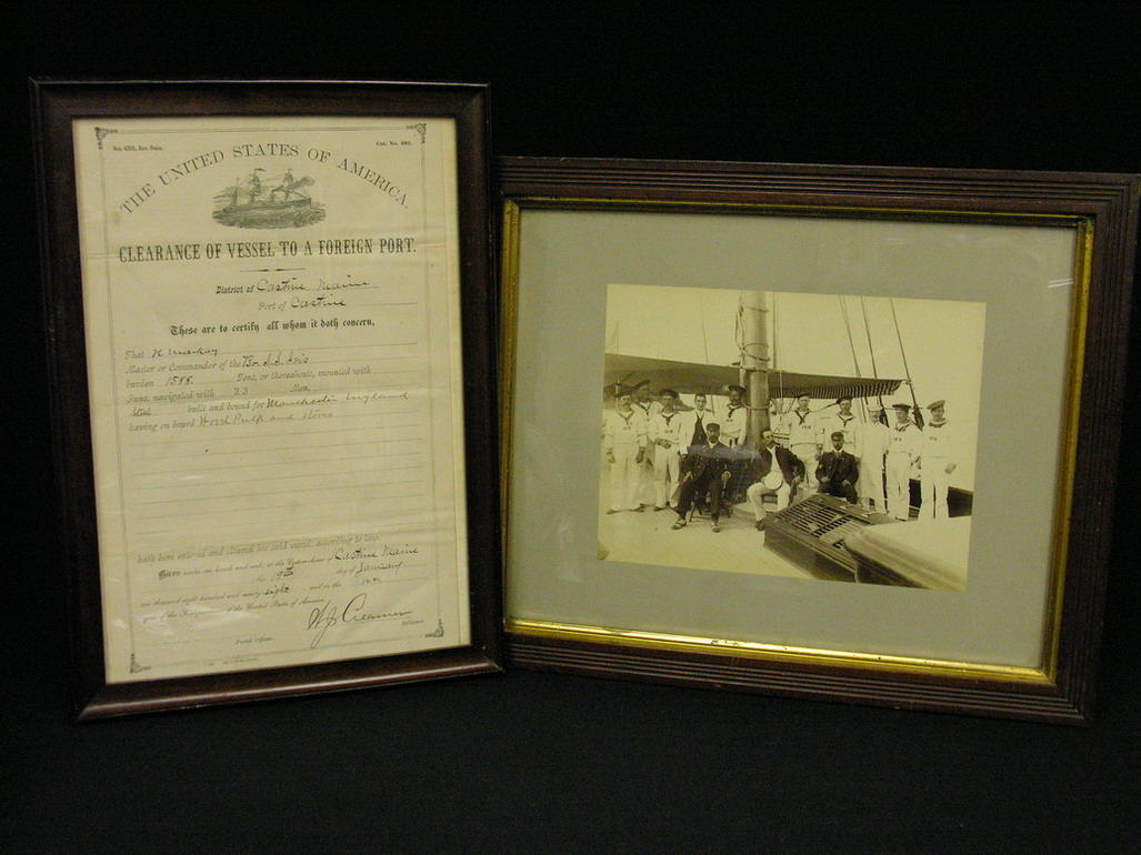 Appraisal: U S SHIP PICTURED AND CLEARANCE PAPERS Sailors picture frame