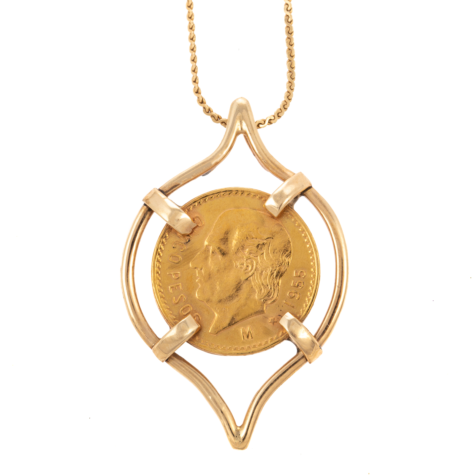 Appraisal: A FIVE PESOS PENDANT K CHAIN K yellow gold freeform